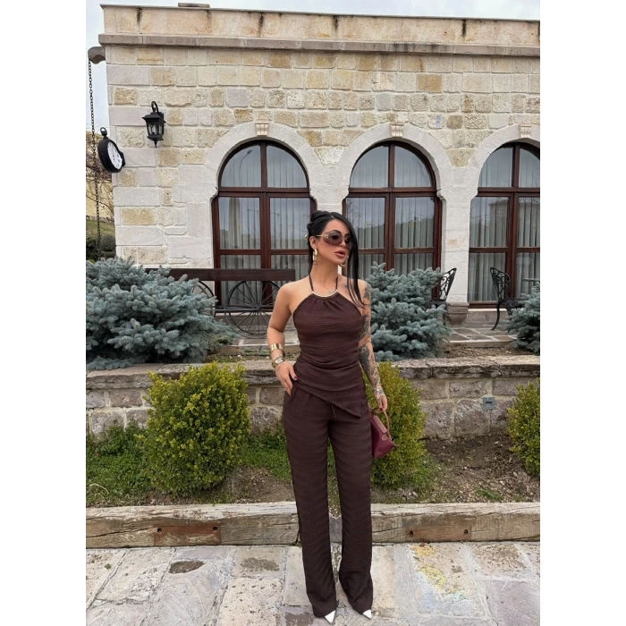 Kahve Yaka Aksesuarlı İkili Takım