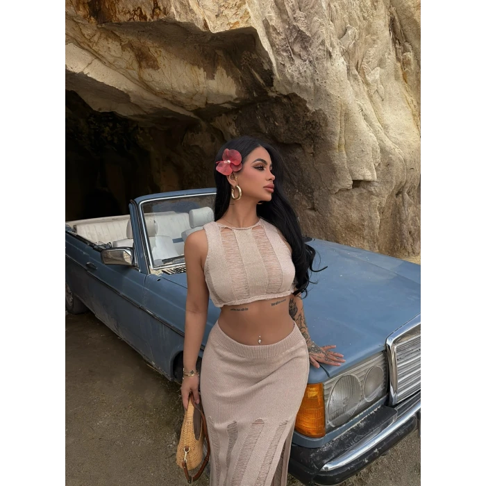 Bej Triko Etek Büstiyer İkili Takım