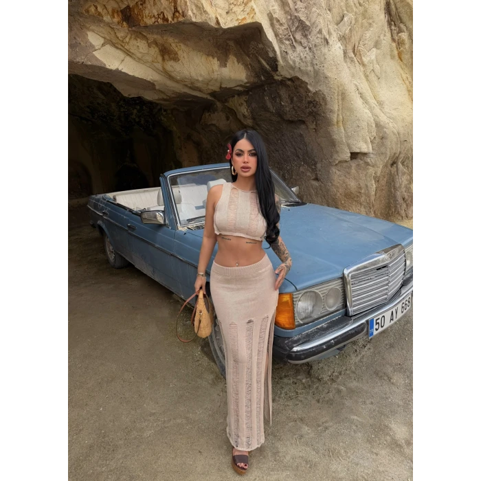 Bej Triko Etek Büstiyer İkili Takım