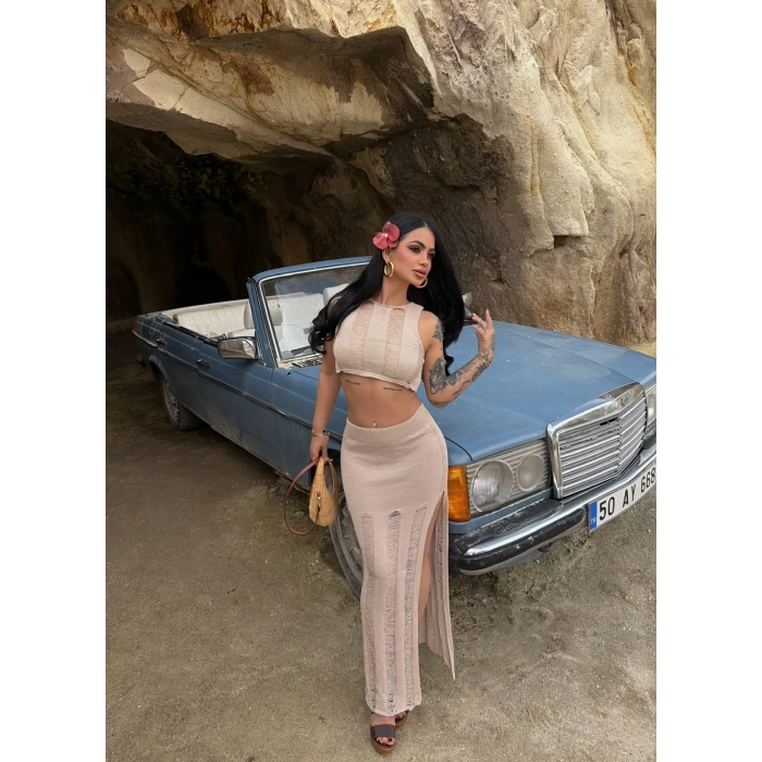 Bej Triko Etek Büstiyer İkili Takım