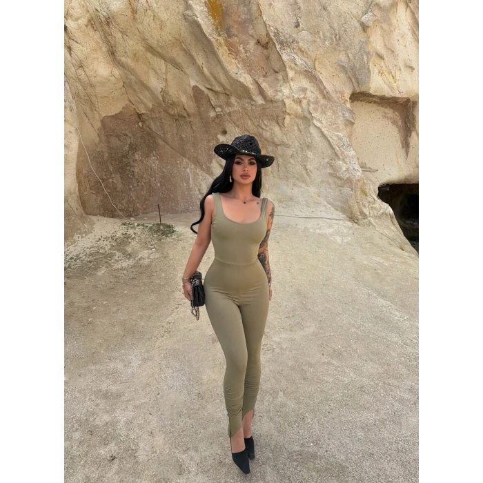 Haki Askılı Basic Slim Tulum