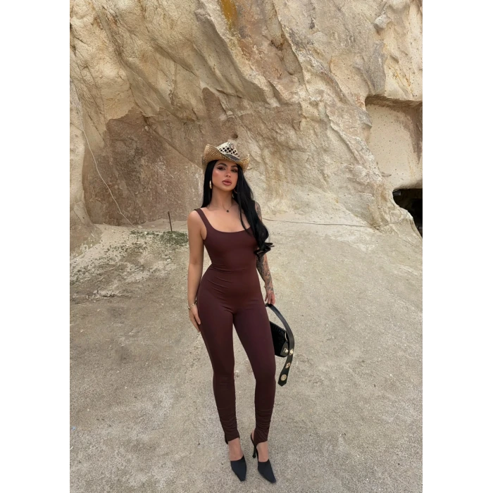 Kahve Askılı Basic Slim Tulum