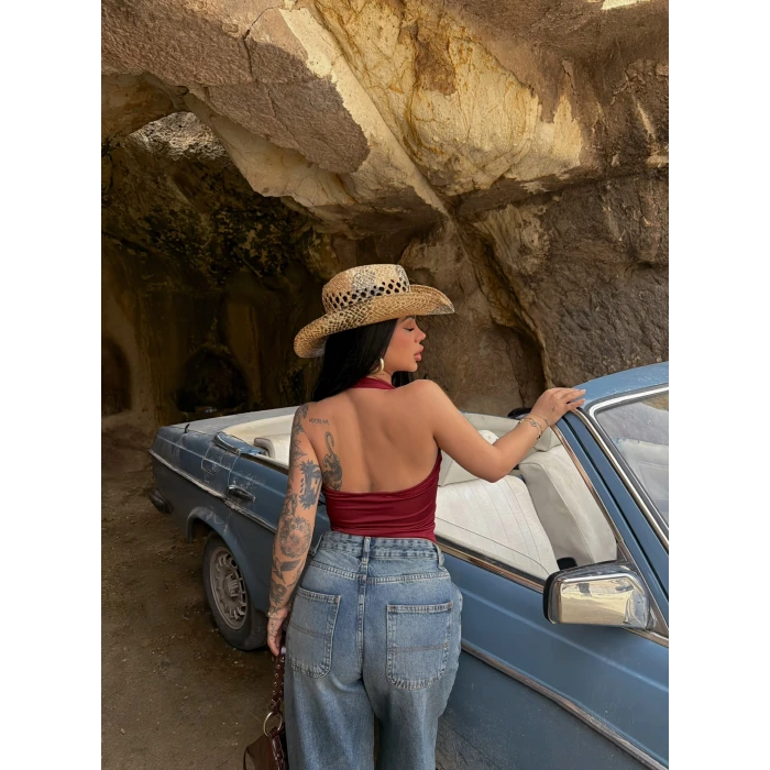 Bordo Boyundan Geçmeli Çift Kat Crop