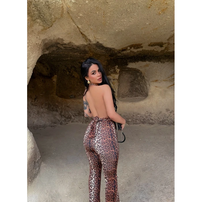 Leopar Boyundan Geçmeli Toparlayıcı Tulum