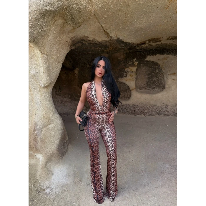 Leopar Boyundan Geçmeli Toparlayıcı Tulum