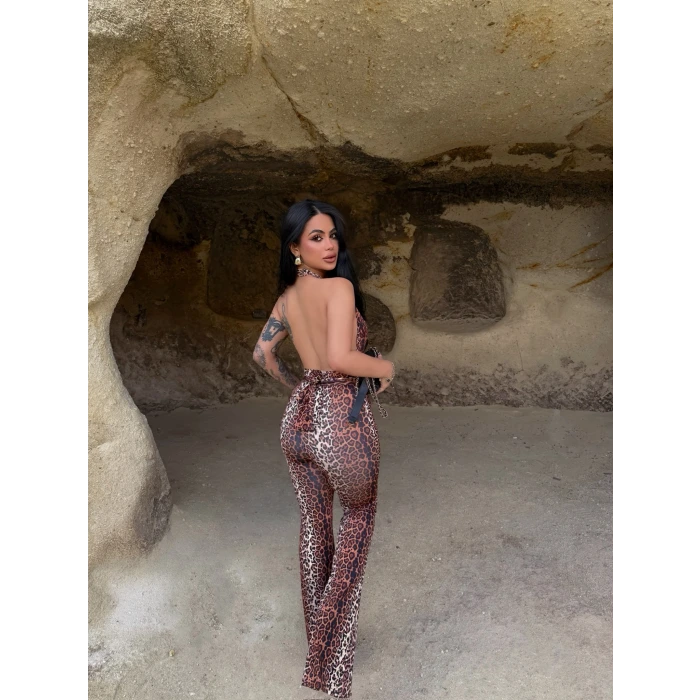 Leopar Boyundan Geçmeli Toparlayıcı Tulum