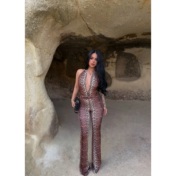 Leopar Boyundan Geçmeli Toparlayıcı Tulum