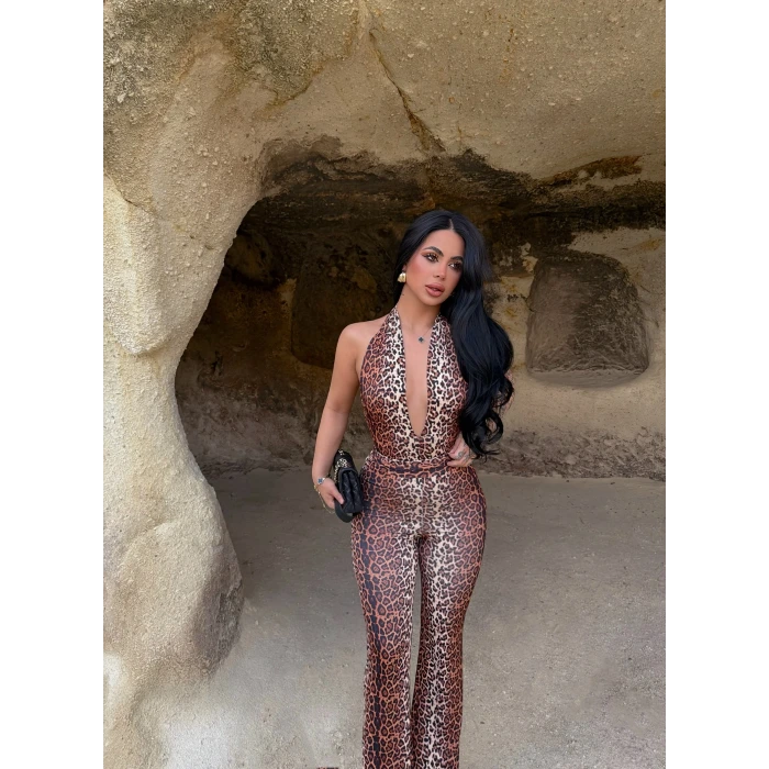 Leopar Boyundan Geçmeli Toparlayıcı Tulum