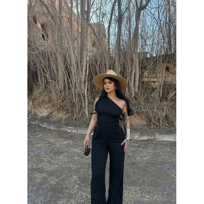 Siyah Gofre Tek Omuz İkili Takım