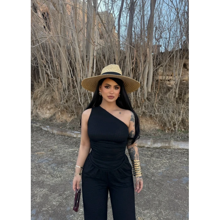 Siyah Gofre Tek Omuz İkili Takım