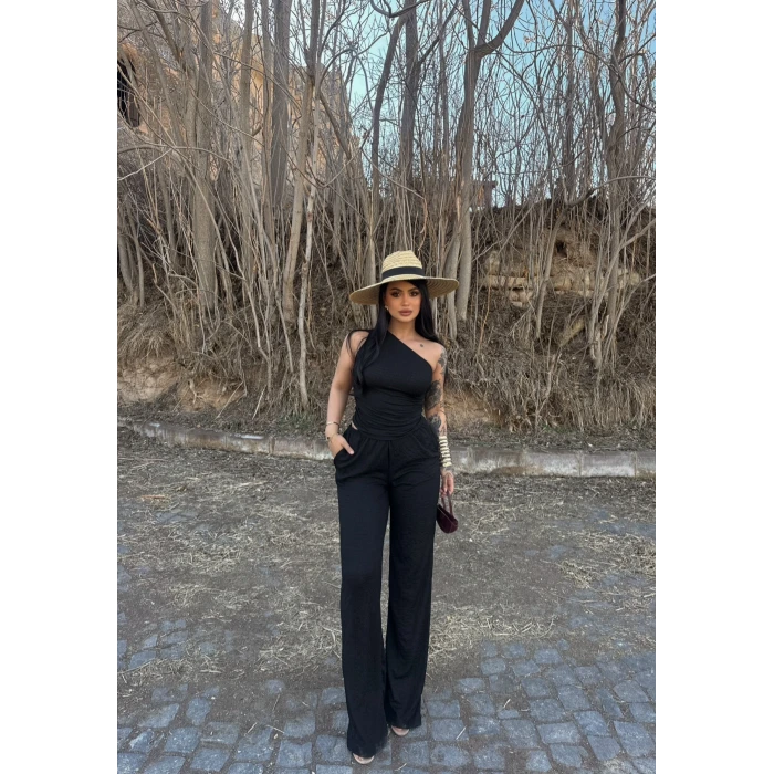 Siyah Gofre Tek Omuz İkili Takım