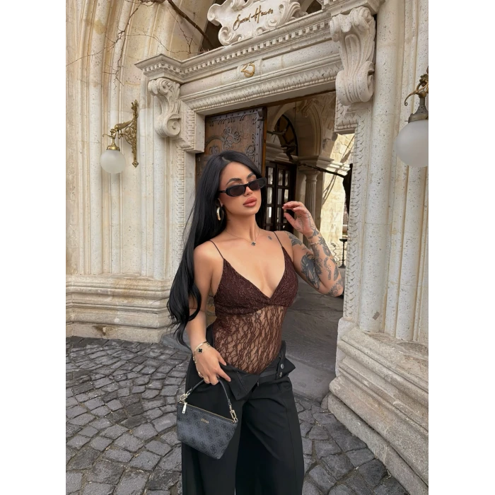 Kahve İp Askılı Güpürlü Bodysuit