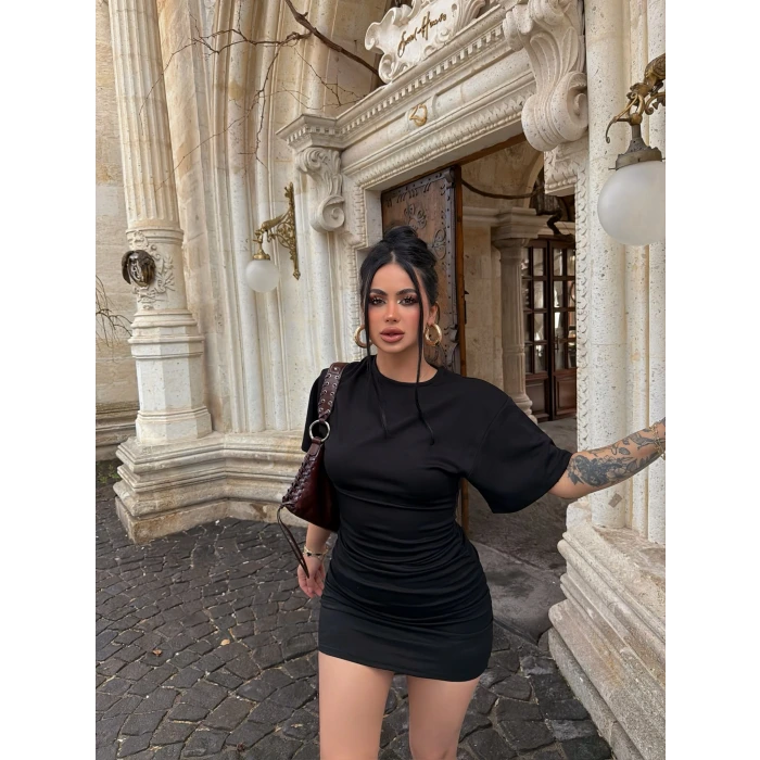 Siyah Büzgülü Modal Elbise