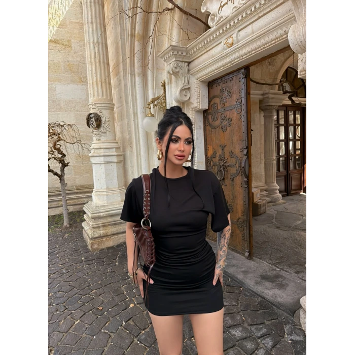 Siyah Büzgülü Modal Elbise