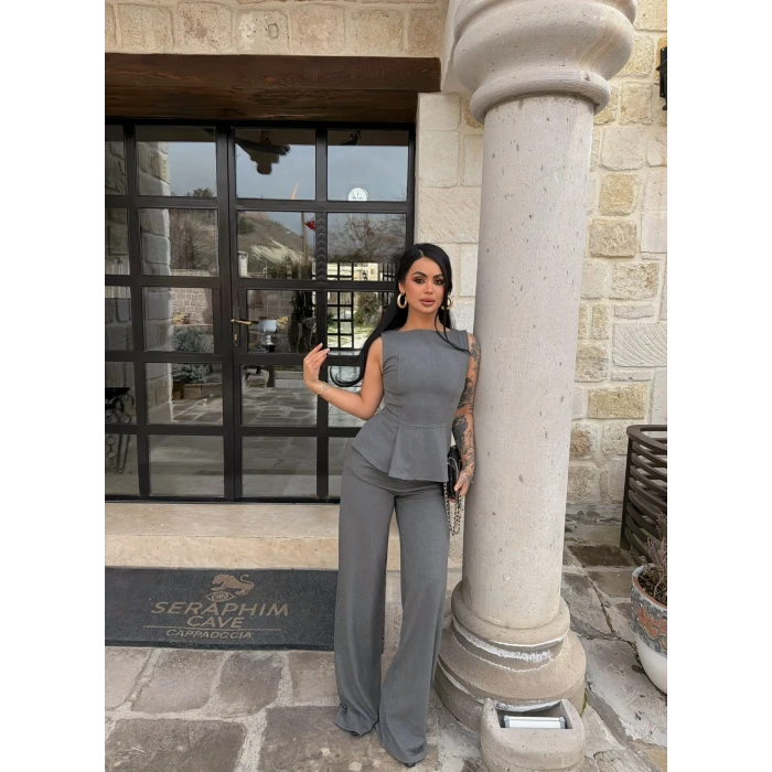 Gri Sıfır Kol Belden Oturtmalı Takım