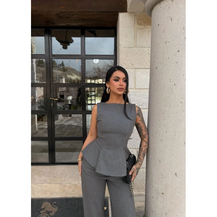 Gri Sıfır Kol Belden Oturtmalı Takım