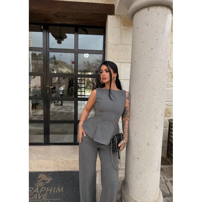 Gri Sıfır Kol Belden Oturtmalı Takım