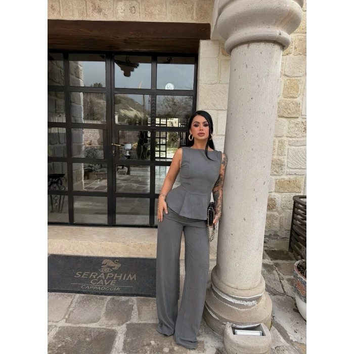 Gri Sıfır Kol Belden Oturtmalı Takım