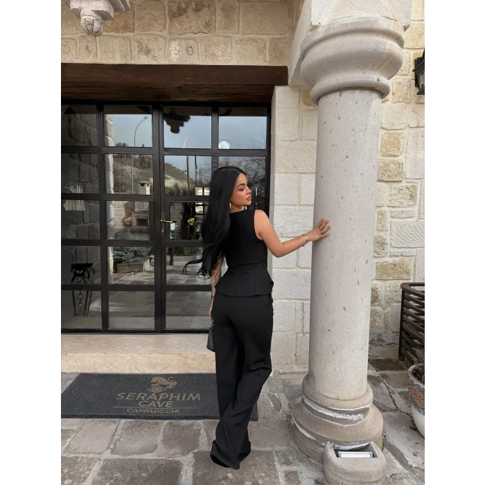 Siyah Sıfır Kol Belden Oturtmalı Takım