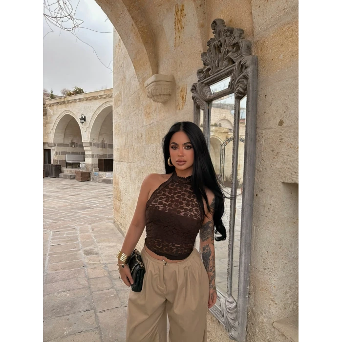 Kahve Bohem İçi Astarlı Dantel Crop