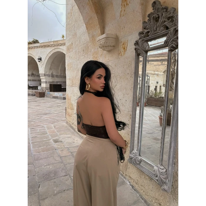 Kahve Bohem İçi Astarlı Dantel Crop