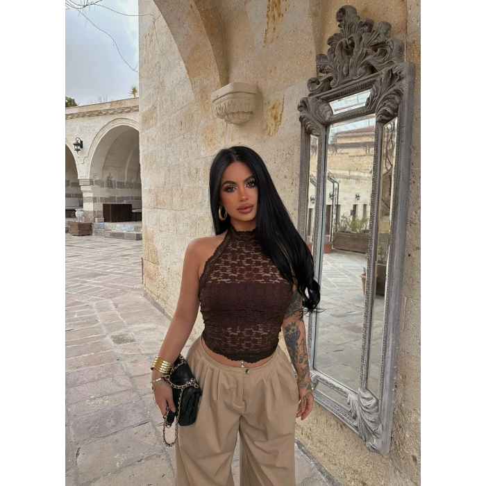 Kahve Bohem İçi Astarlı Dantel Crop