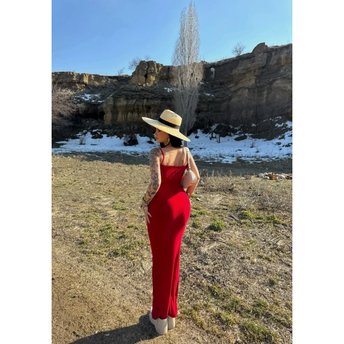 Kırmızı İp Askılı Maxi Elbise