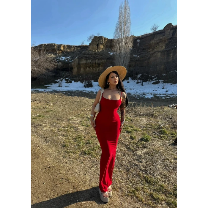 Kırmızı İp Askılı Maxi Elbise