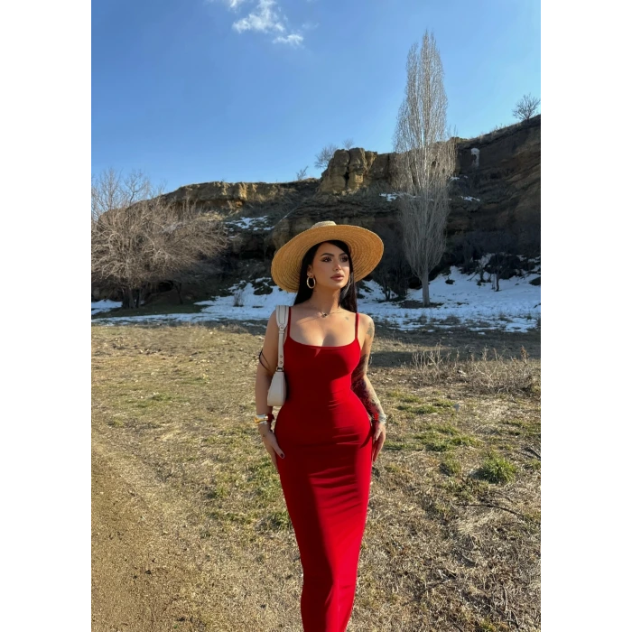 Kırmızı İp Askılı Maxi Elbise