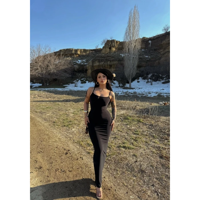 Siyah İp Askılı Maxi Elbise