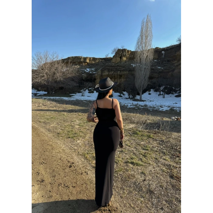 Siyah İp Askılı Maxi Elbise