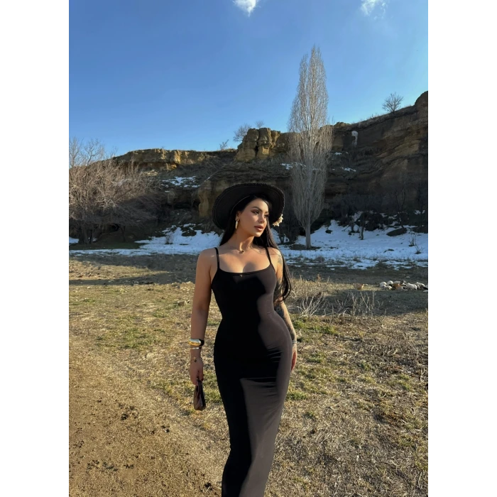 Siyah İp Askılı Maxi Elbise