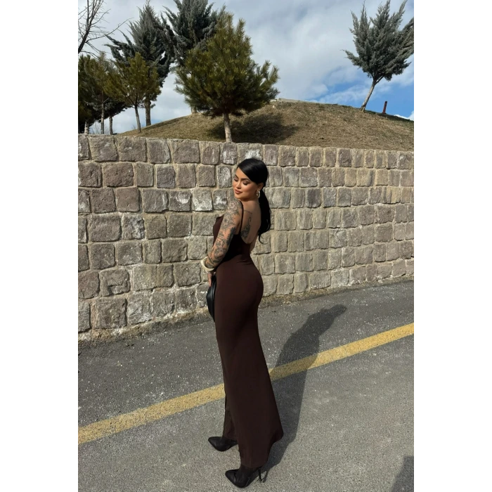 Kahve Askılı Degaje Yaka Elbise