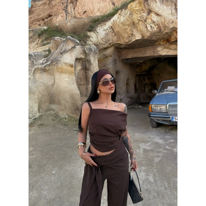 Kahve Line Düşük Omuz Üçlü Takım