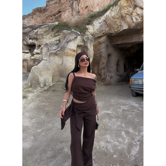 Kahve Line Düşük Omuz Üçlü Takım