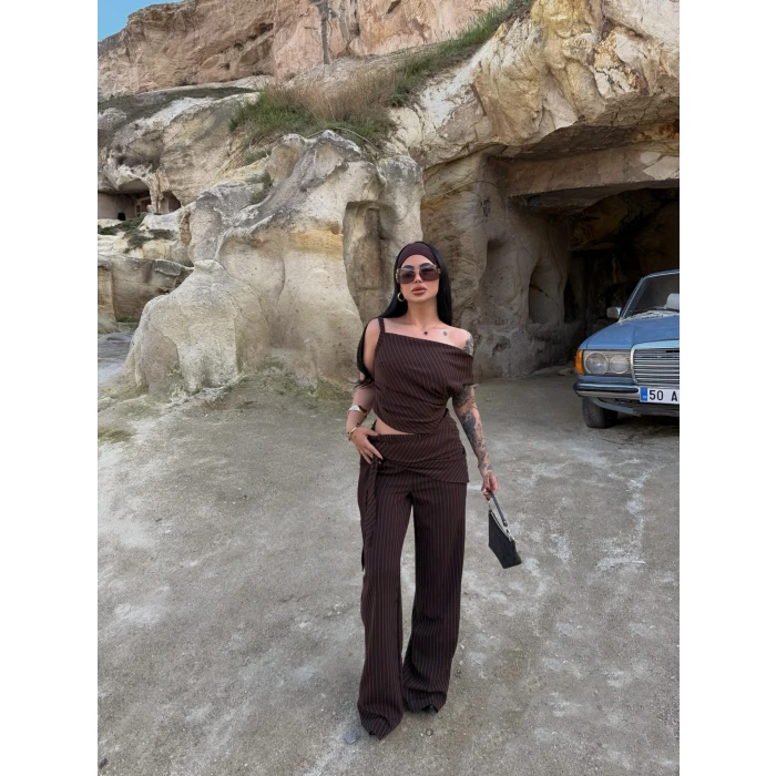 Kahve Line Düşük Omuz Üçlü Takım