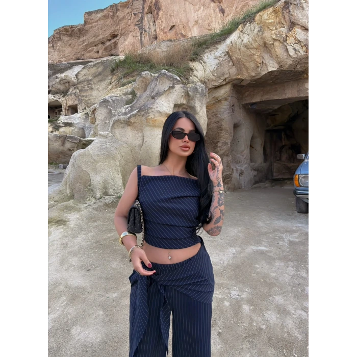 Lacivert Line Düşük Omuz Üçlü Takım