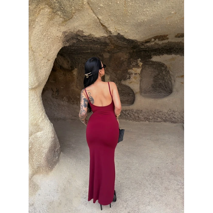 Bordo Askılı Degaje Yaka Elbise