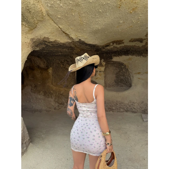 Bej Çiçek Desen İp Askılı Elbise