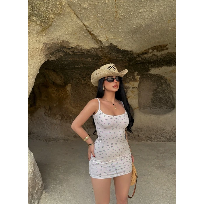 Bej Çiçek Desen İp Askılı Elbise