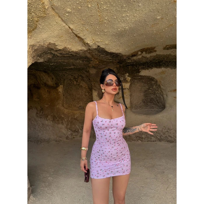 Lila Çiçek Desen İp Askılı Elbise