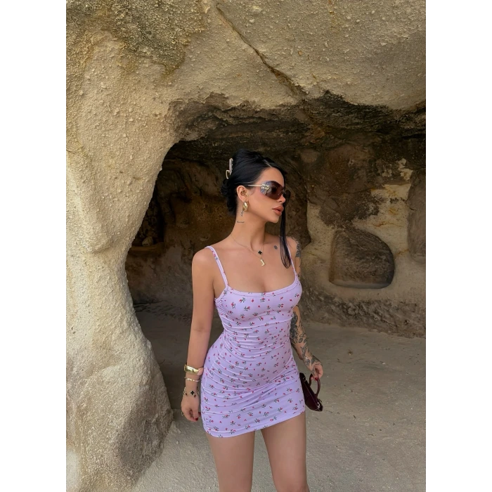 Lila Çiçek Desen İp Askılı Elbise