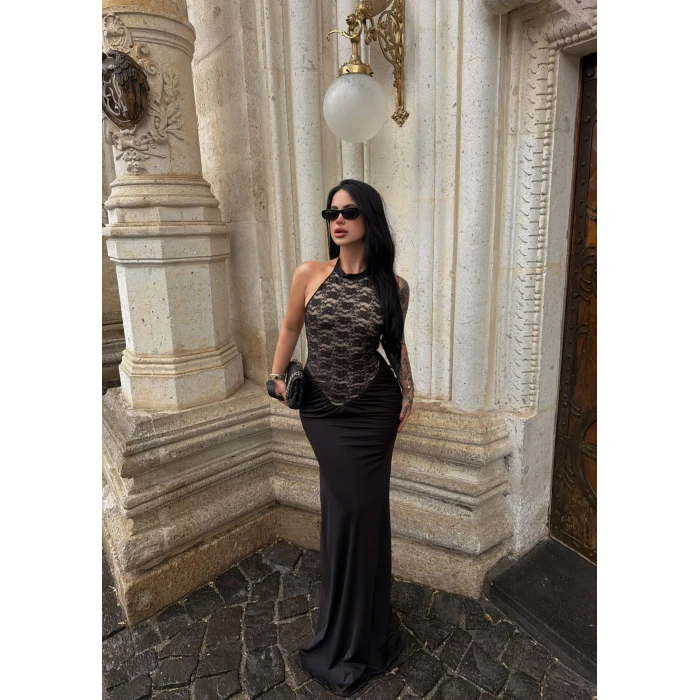 Güpürlü Balık Sırtı Maxi Elbise