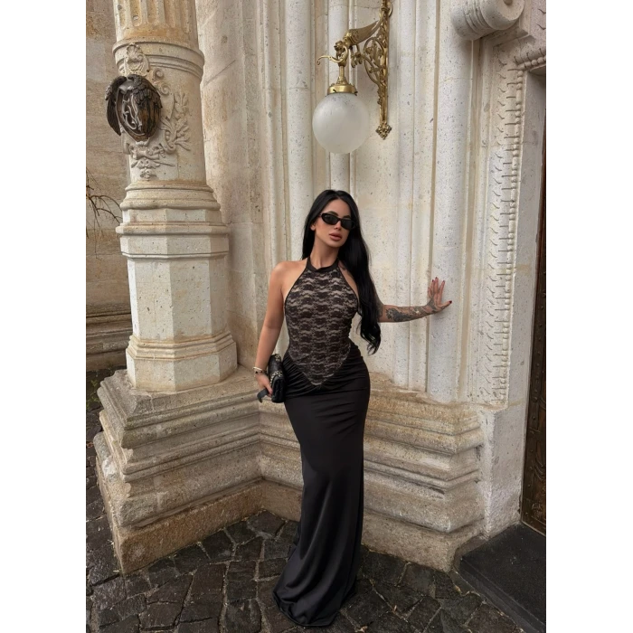 Güpürlü Balık Sırtı Maxi Elbise