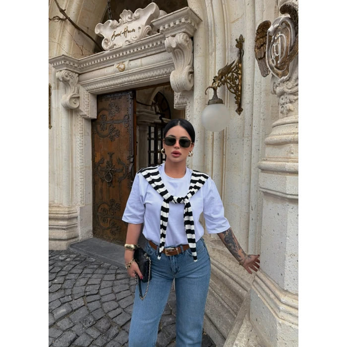 Çizgili Şal Bağlamalı Tişört