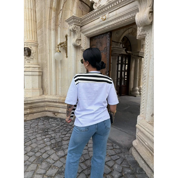 Çizgili Şal Bağlamalı Tişört