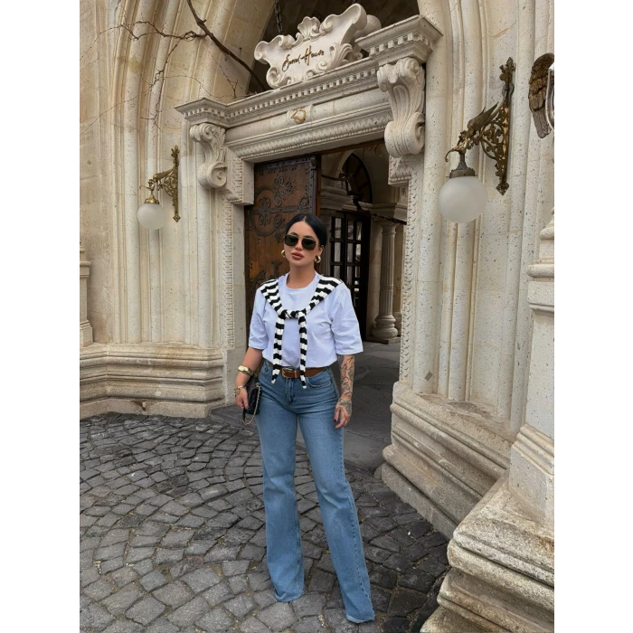 Çizgili Şal Bağlamalı Tişört