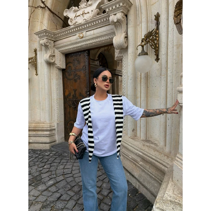 Çizgili Şal Bağlamalı Tişört