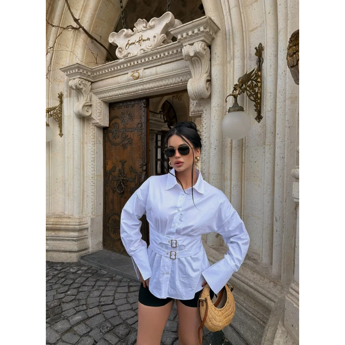 Beyaz Geniş Kuşaklı Poplin Gömlek