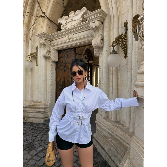 Beyaz Geniş Kuşaklı Poplin Gömlek